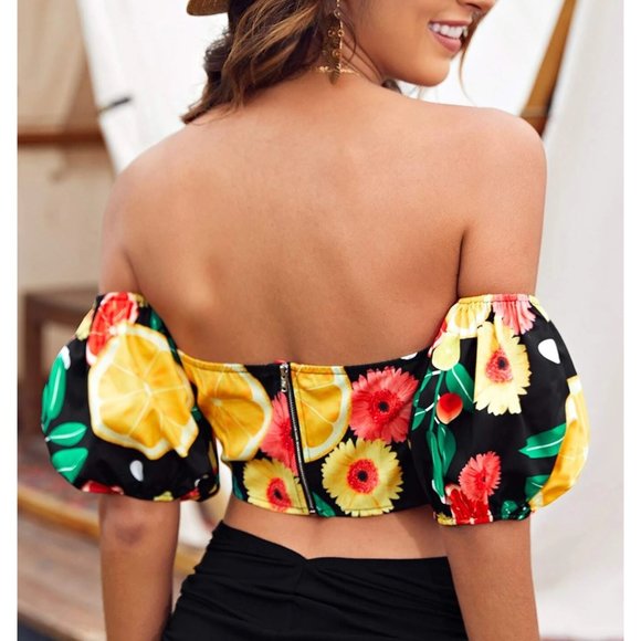 Sale ⭐️ NEW!  Size 6 or 8/10 Off Shoulder Puff Sleeve Citrus & Floral Top - Picture 3 of 4